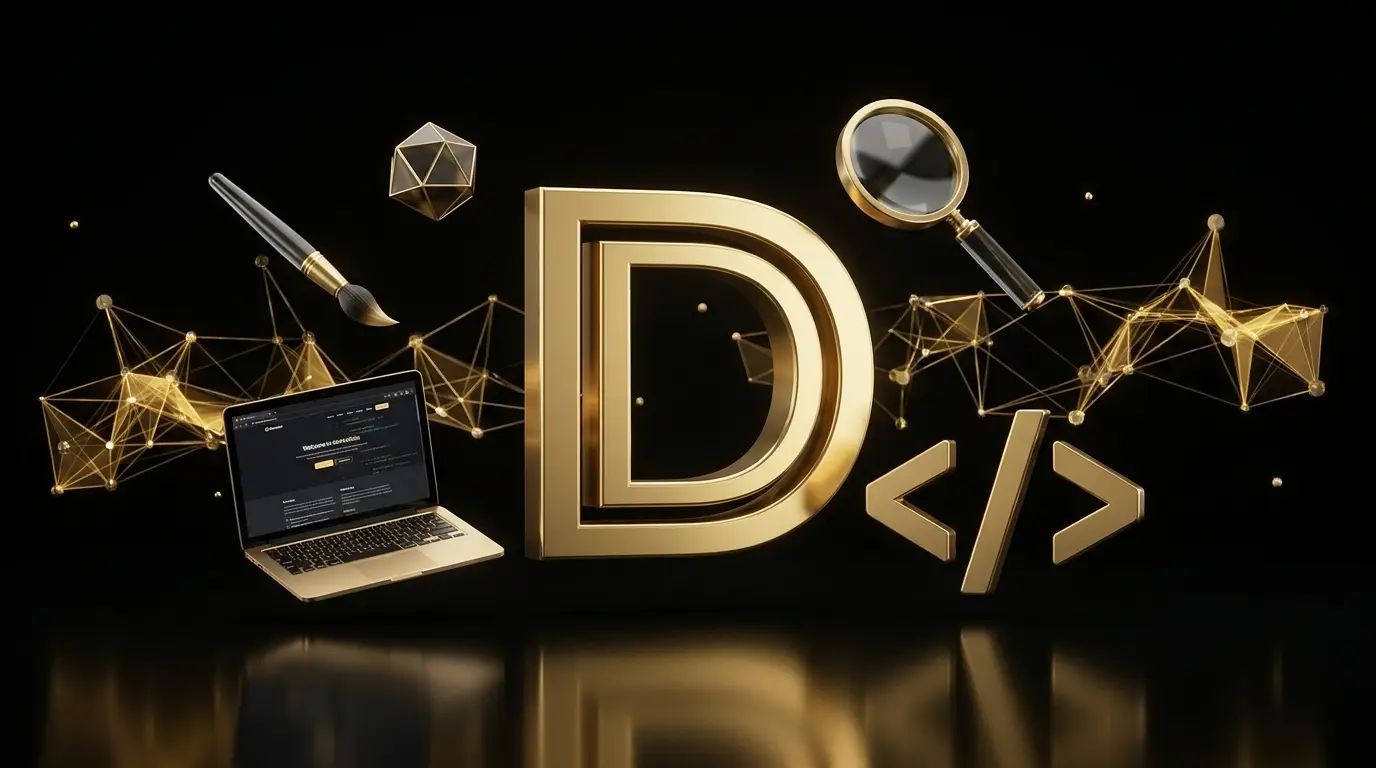 Render 3D del monogramma D di Degani Agency in oro, circondato da laptop, codice, lente e pennello su sfondo nero