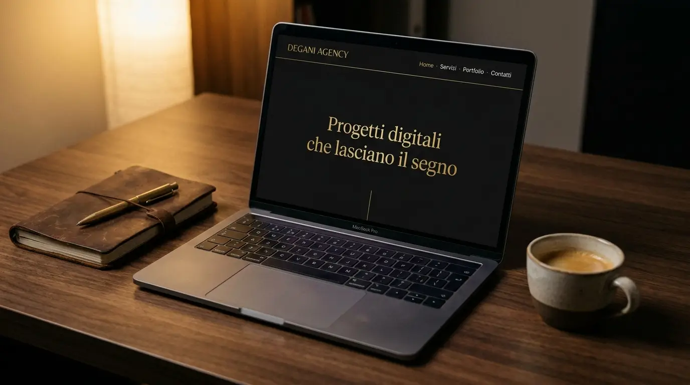 Un progetto consegnato: laptop con un sito elegante nero e oro sulla scrivania dello studio, accanto a taccuino e penna in ottone