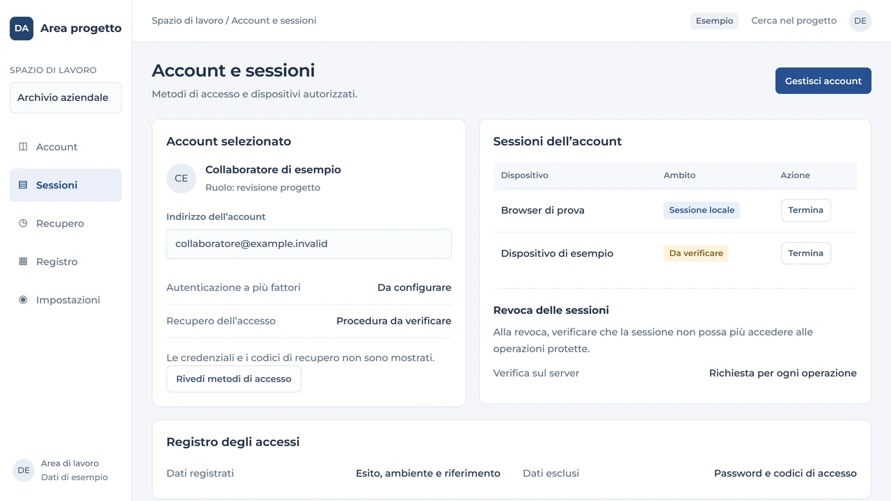 Area account con metodi di accesso, sessioni di prova e revoca delle autorizzazioni