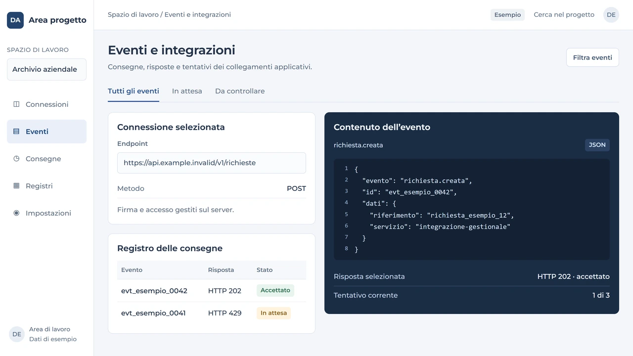 Console di integrazione con evento JSON, endpoint illustrativo e registro delle consegne