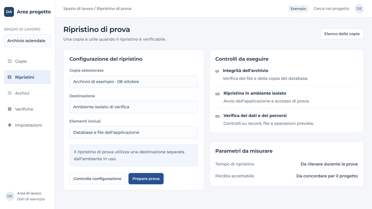 Configurazione di un ripristino isolato con archivio, destinazione e controlli della prova