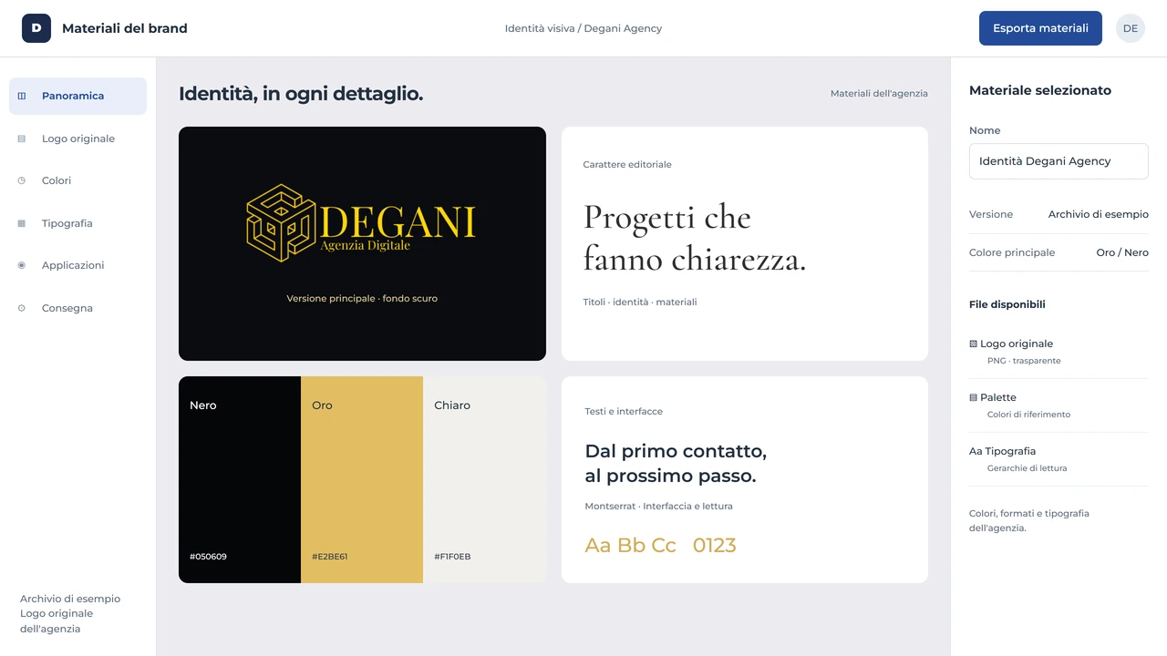 Archivio di identità visiva con il logo originale Degani Agency, palette oro e nero, tipografia e materiali.