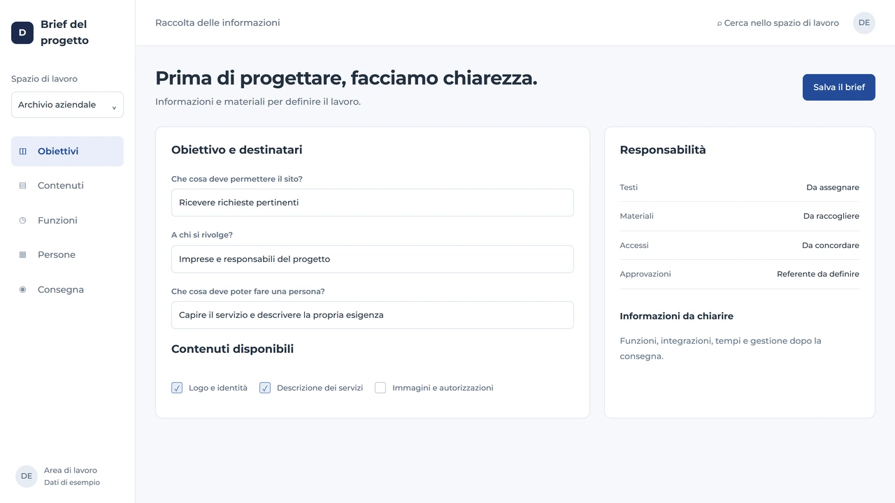 Spazio di raccolta del brief con obiettivi, destinatari, materiali e responsabilità del progetto.