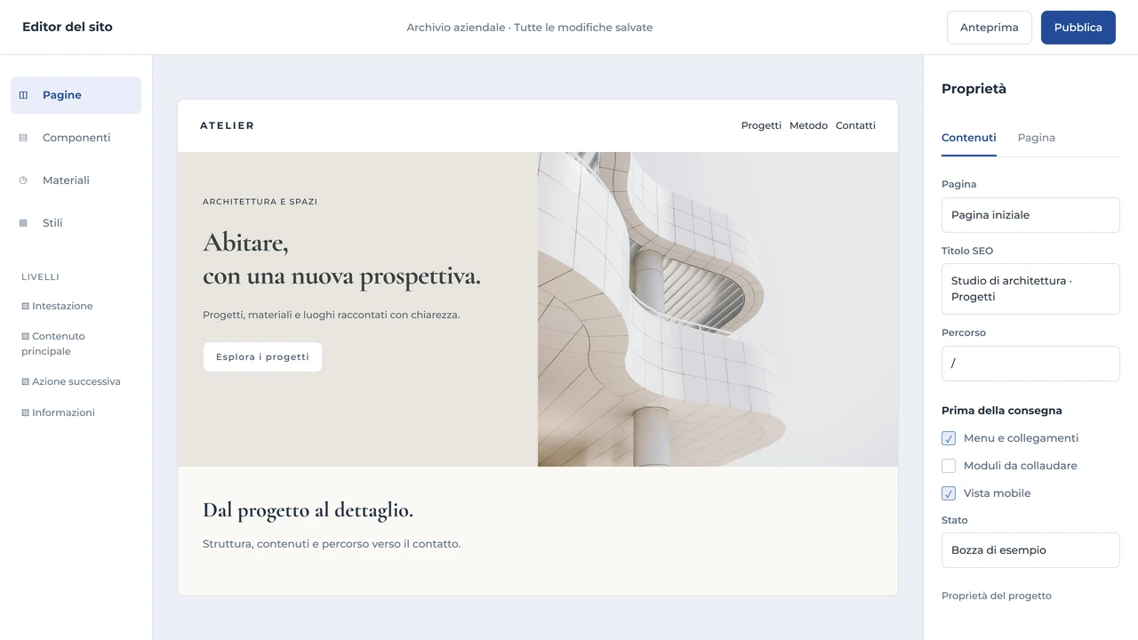 Editor di un sito con pagina iniziale, fotografia architettonica, contenuti e controlli prima della consegna.