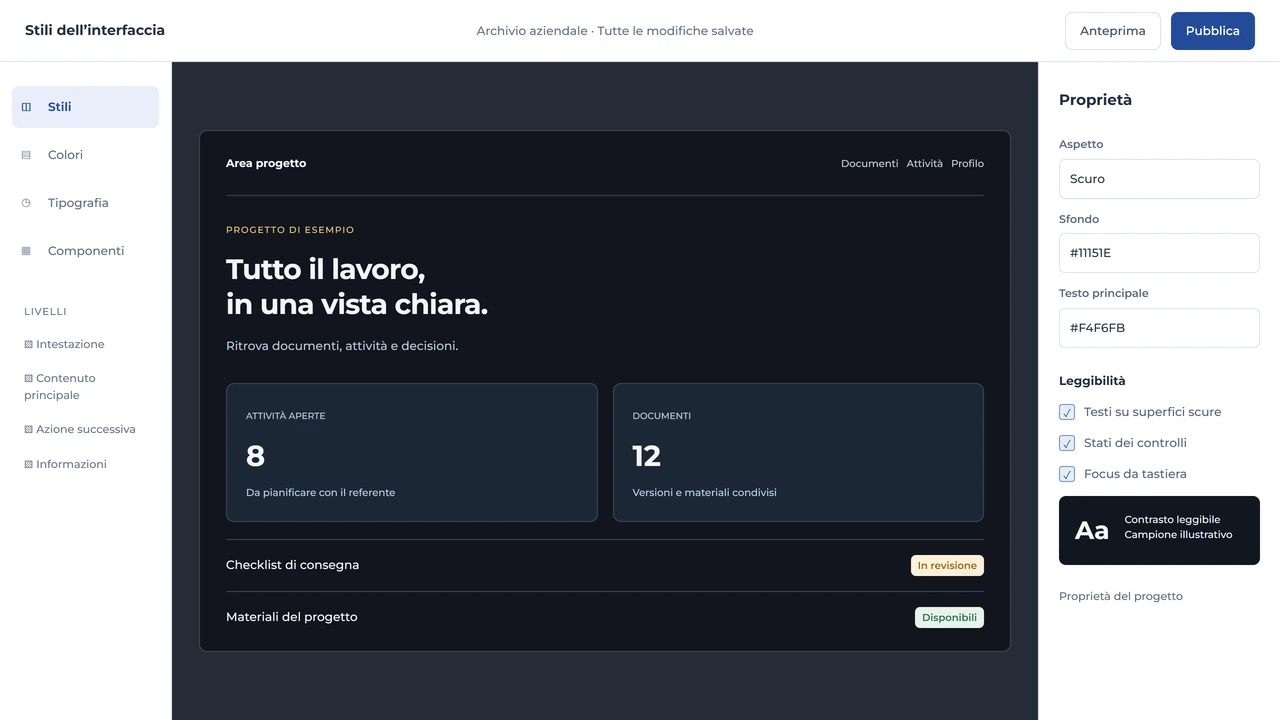 Editor di un’interfaccia scura con pannelli, testi, stati e impostazioni di contrasto.