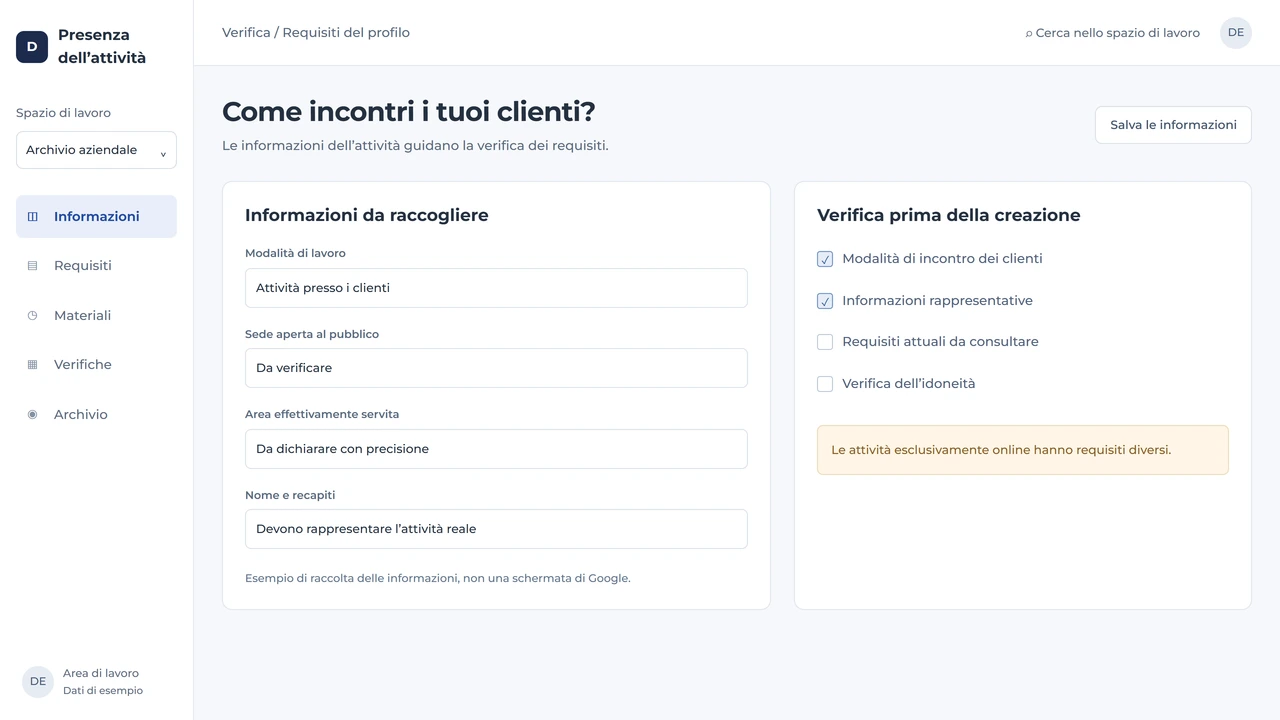 Interfaccia di preparazione del profilo locale con modalità di lavoro, sede, recapiti e requisiti da verificare.