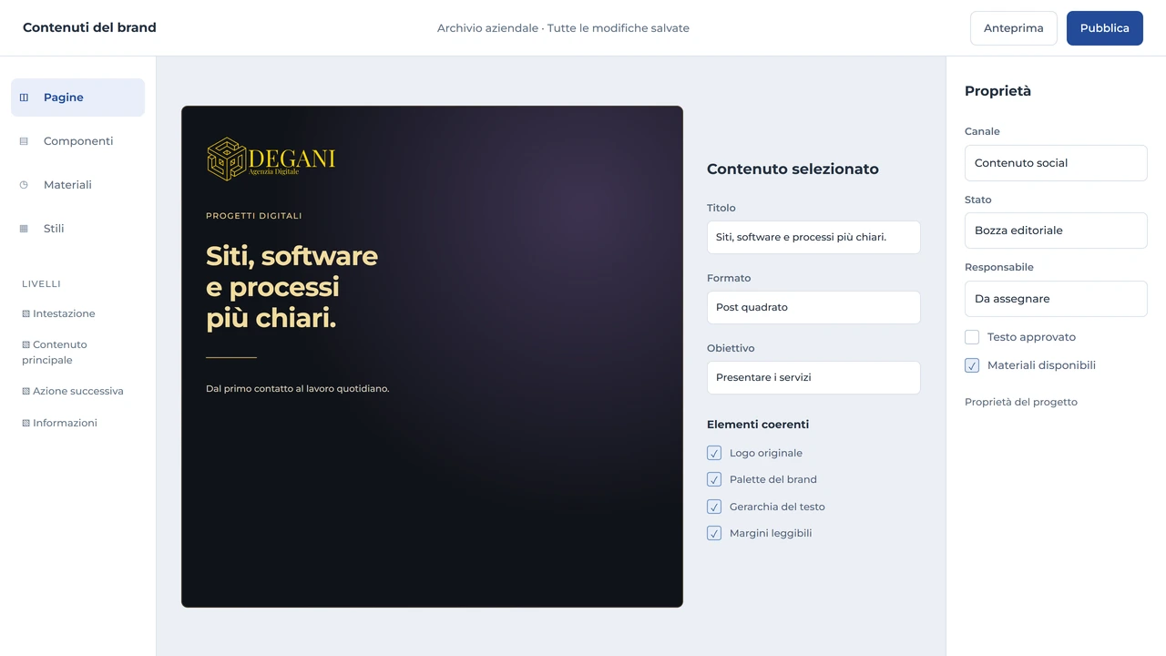 Editor di un contenuto social dell’agenzia con logo originale, testo professionale, palette e controlli dei margini.