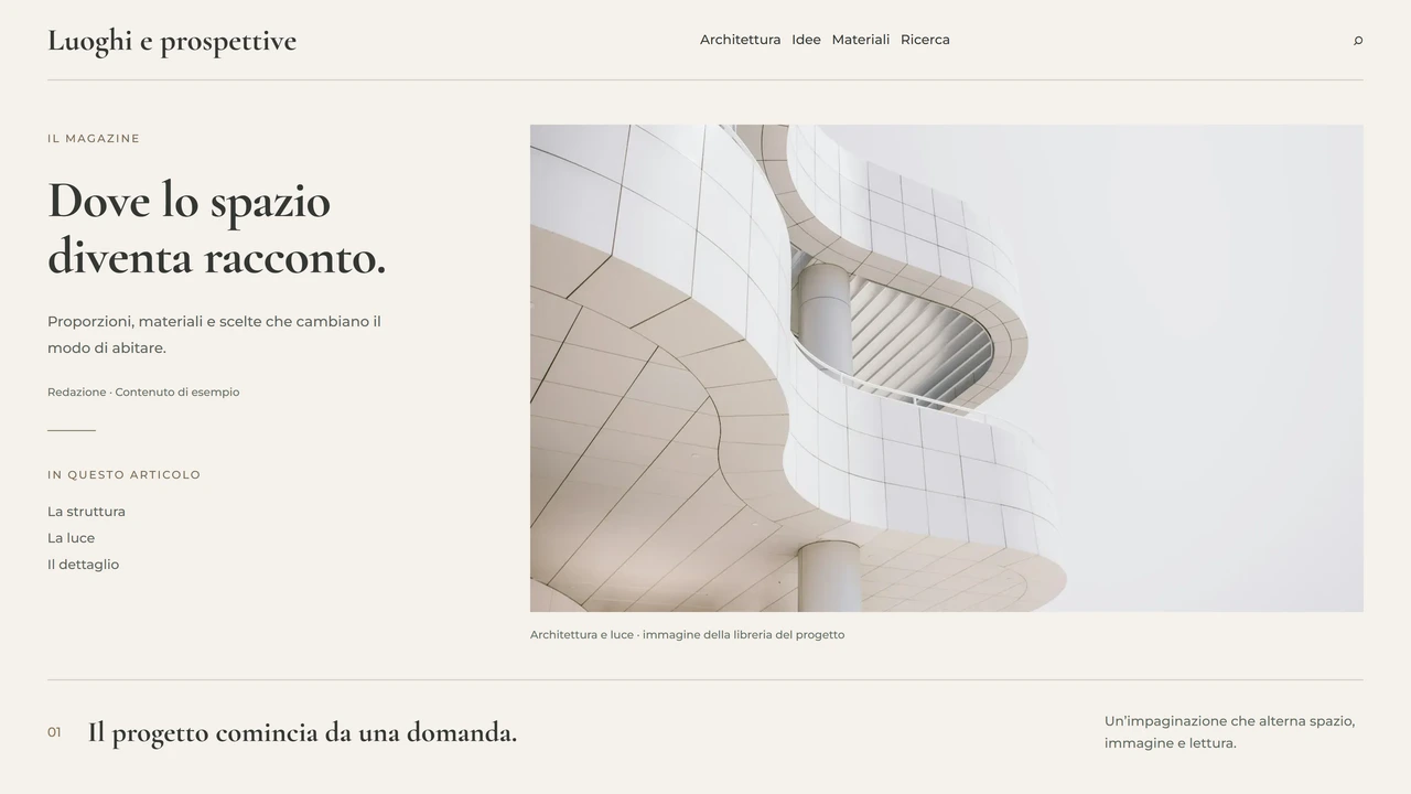 Pagina editoriale con fotografia architettonica, gerarchia serif, indice e testo disposto per la lettura.