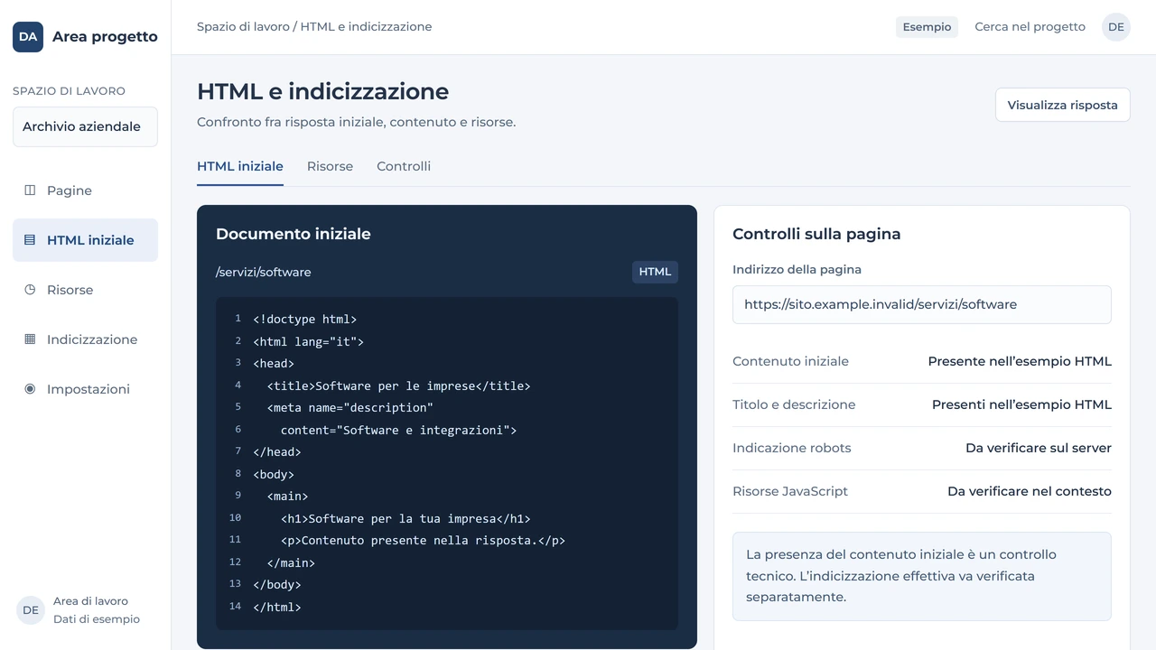 Editor della risposta HTML iniziale e pannello dei controlli su contenuti e indicizzazione