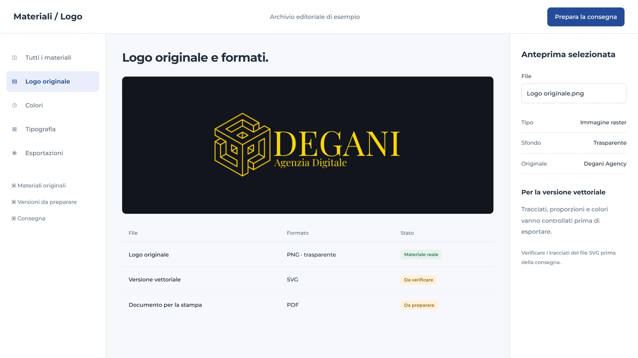 Archivio del logo originale Degani Agency con anteprima PNG e formati vettoriali e di stampa da verificare o preparare.
