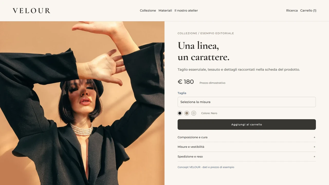 Vetrina e-commerce del concept VELOUR con fotografia di moda, dettagli del prodotto, taglie e informazioni di acquisto.