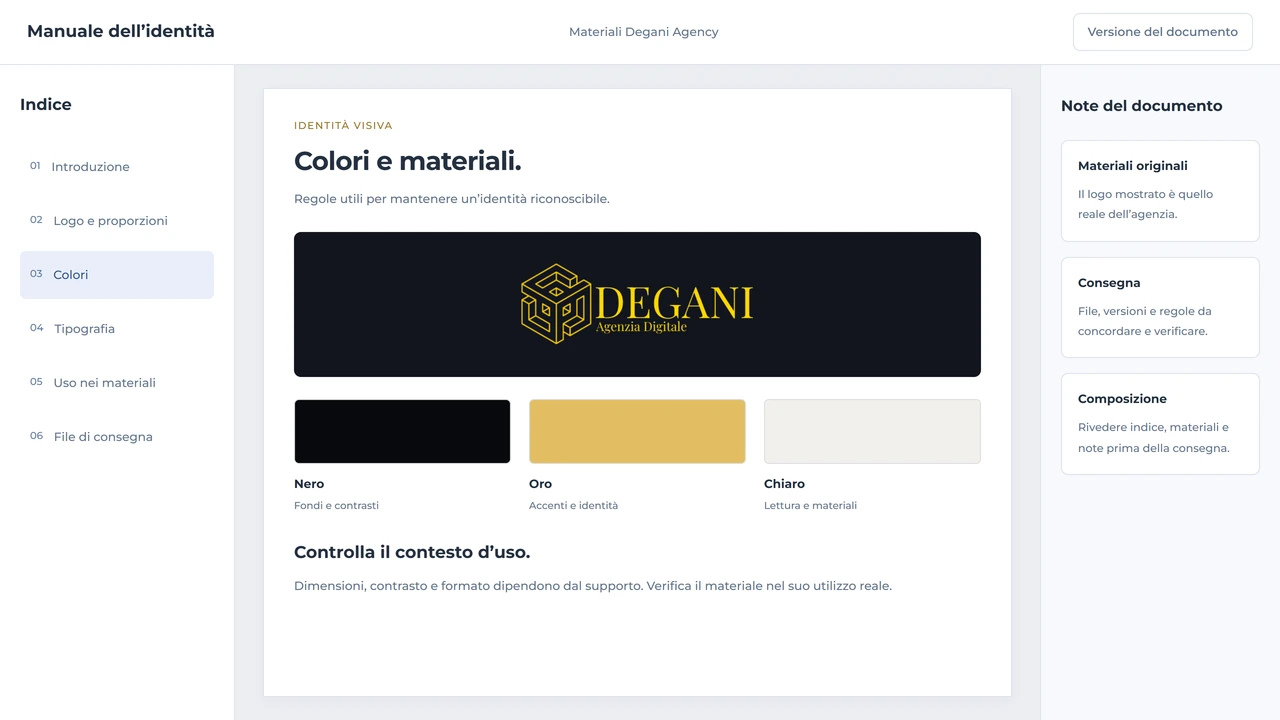 Documento di identità con indice, logo originale, palette, regole di utilizzo e note della consegna.