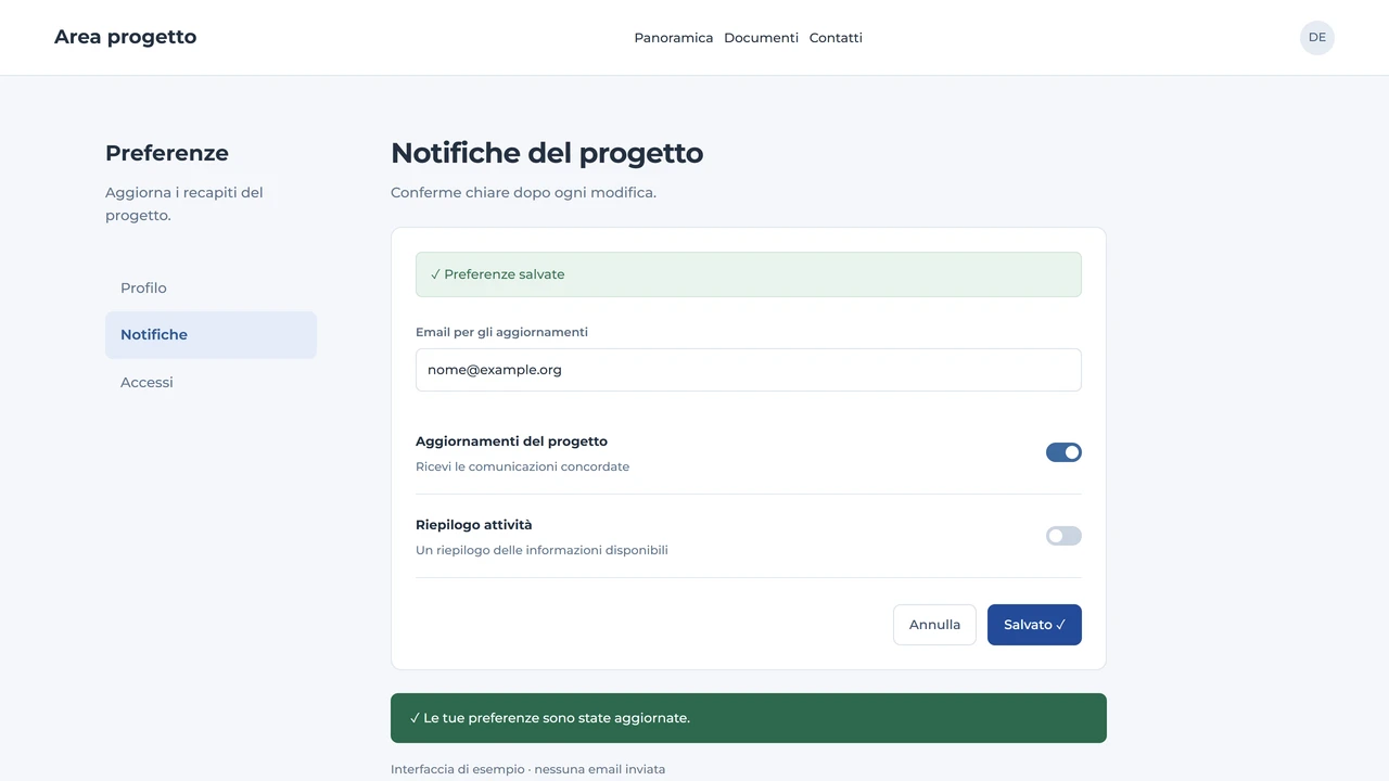 Interfaccia di preferenze con conferma di salvataggio, stati dei controlli e messaggio di esito.