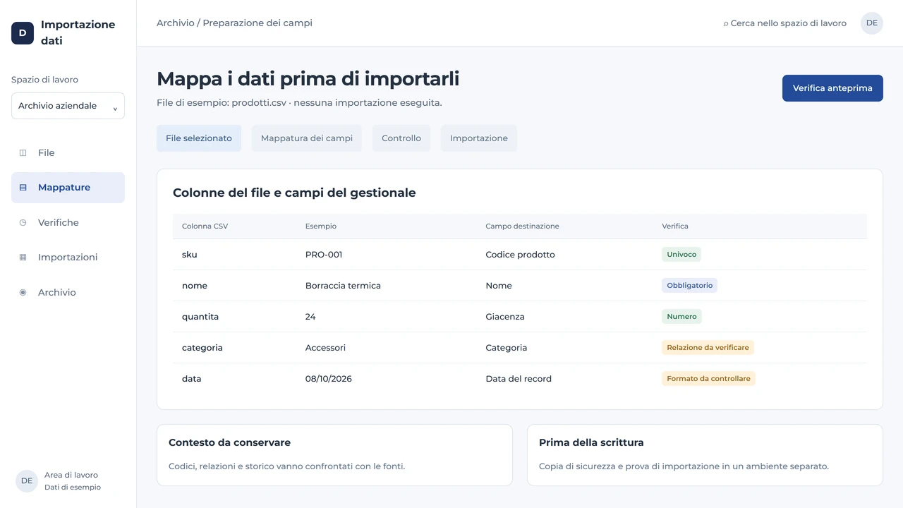 Interfaccia di importazione con colonne CSV, campi del gestionale, anteprima e controlli prima della scrittura.