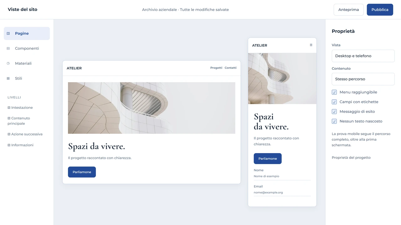 Editor responsive con lo stesso sito nelle viste desktop e telefono, navigazione e modulo leggibili.