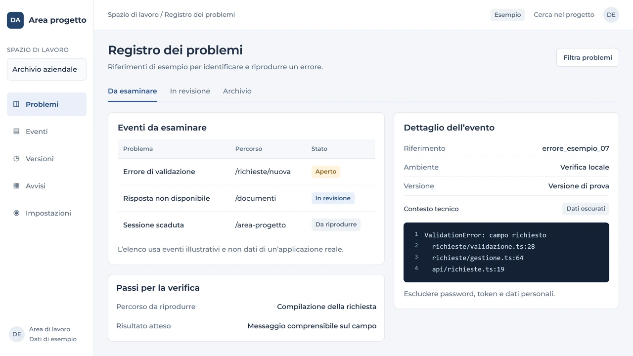 Registro degli errori con percorsi, stato della revisione e dettaglio tecnico senza dati personali