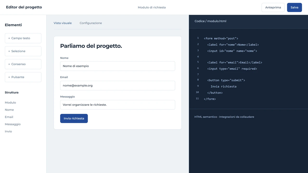 Editor con modulo visuale e HTML semantico affiancati, per confrontare configurazione e sviluppo.