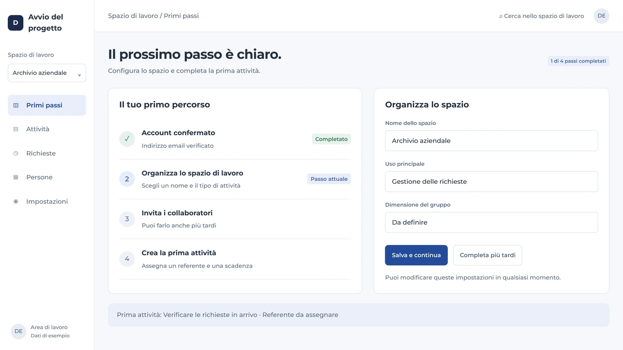 Interfaccia illustrativa di primo accesso con percorso in quattro passi, configurazione dello spazio e prima attività.