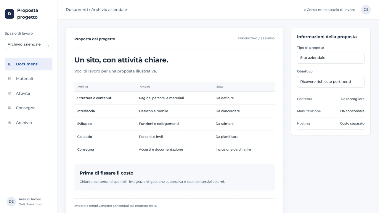 Documento di preventivo con voci di lavoro, ambito, contenuti, collaudo e costi esterni da definire.