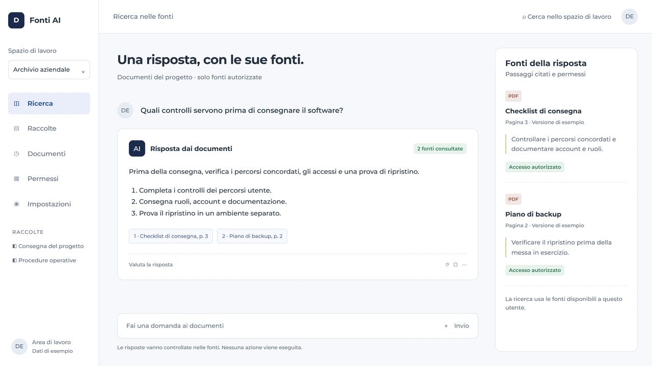 Interfaccia illustrativa di ricerca nei documenti con una risposta, due passaggi citati e permessi delle fonti.