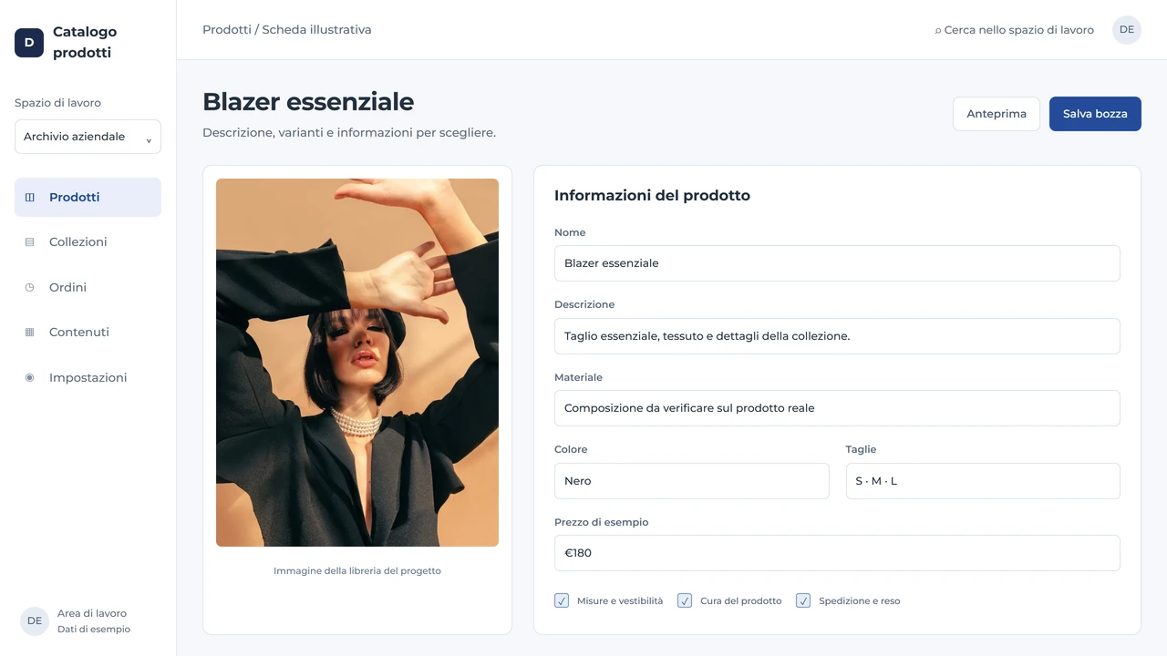 Editor di una scheda prodotto con fotografia, descrizione, varianti, prezzo dimostrativo e informazioni di acquisto.