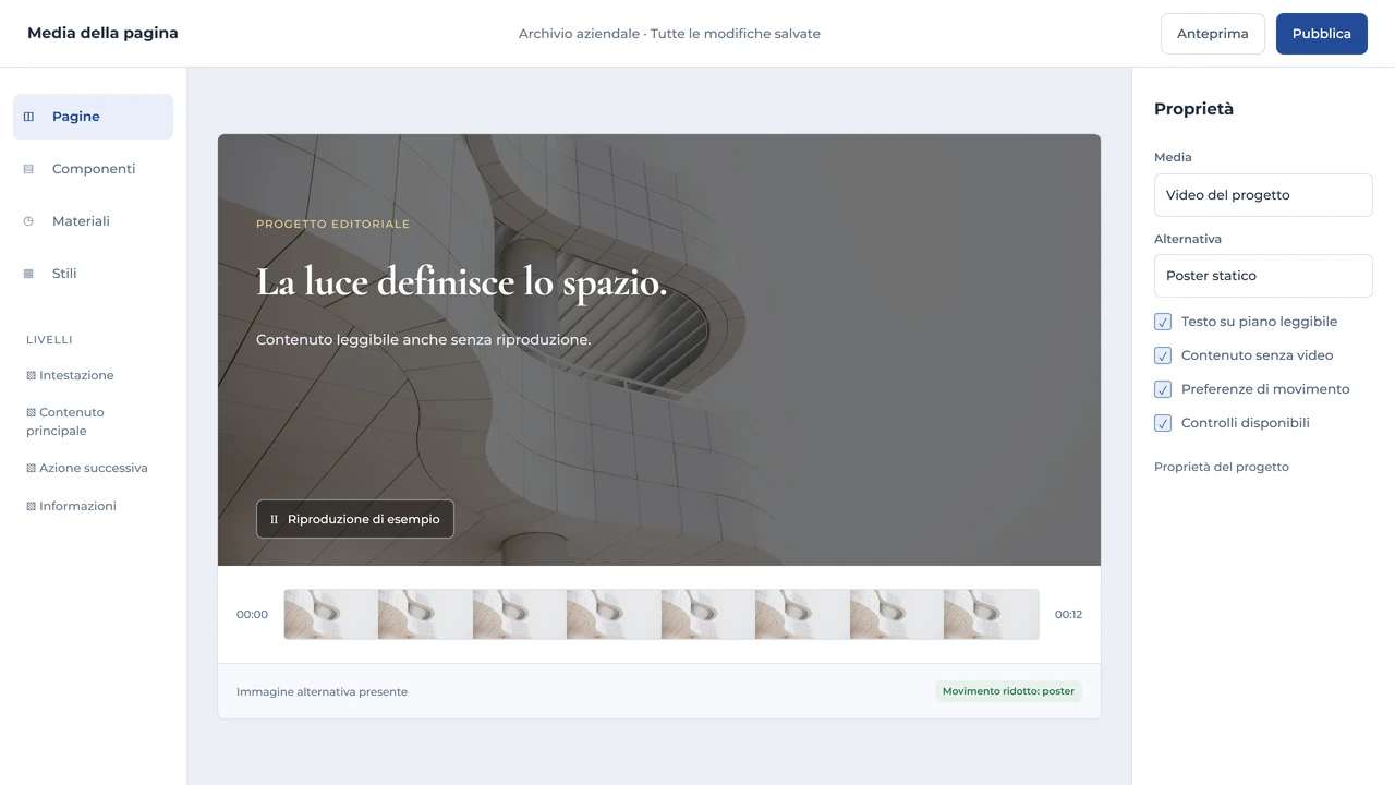 Editor media con anteprima architettonica, timeline, immagine alternativa e contenuti leggibili senza video.