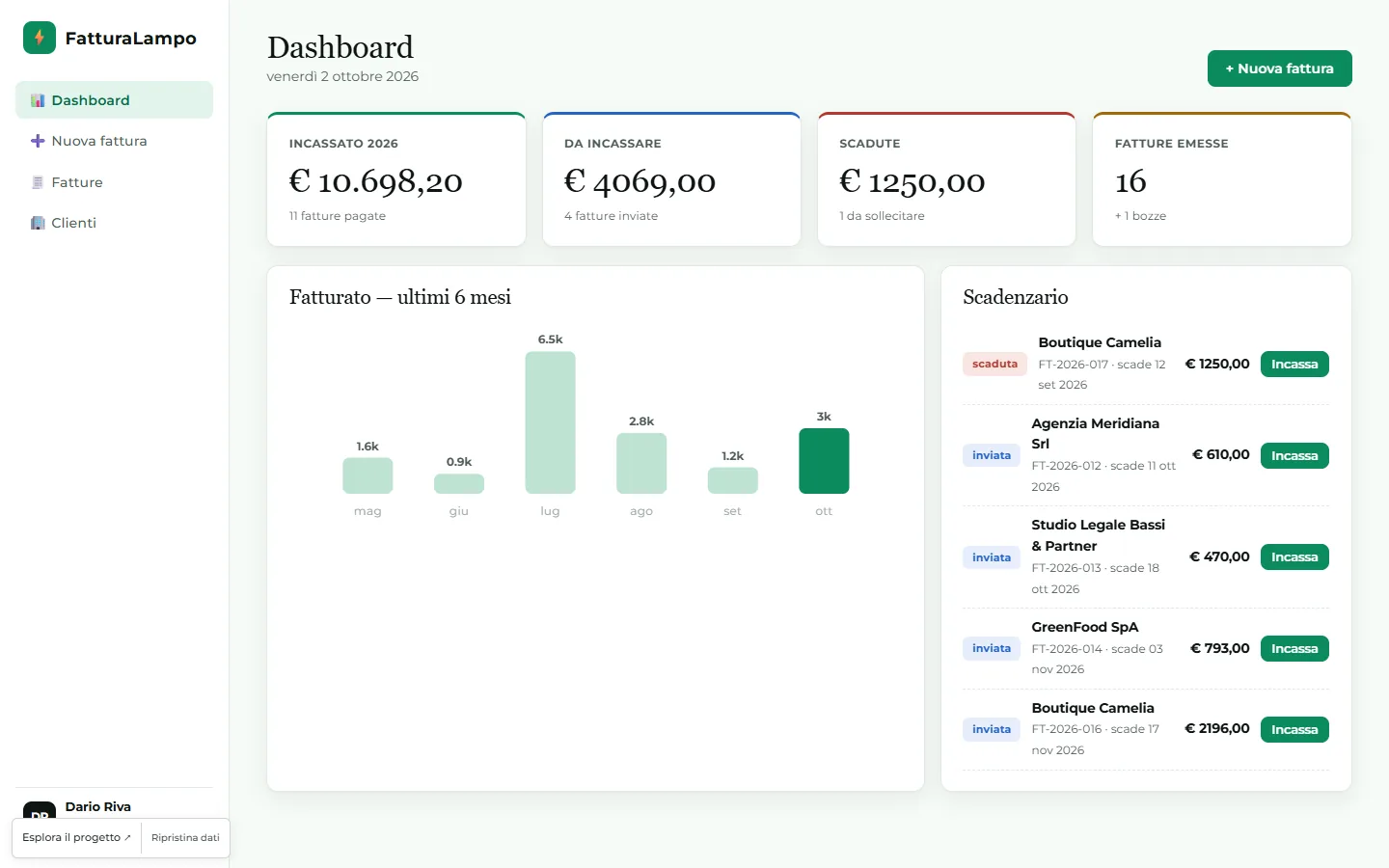 Interfaccia del progetto FatturaLampo