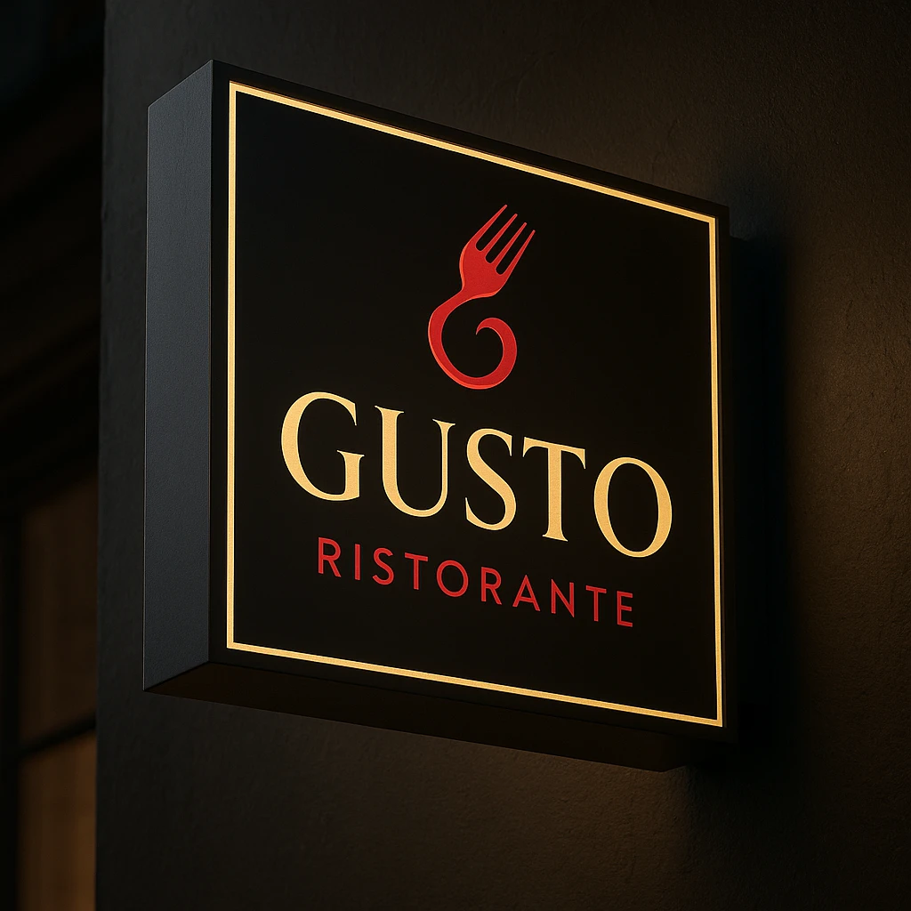 Logo Gusto ristorante - mockup insegna 3D elegante Logo Gusto ristorante moderno, design oro e rosso su insegna 3D